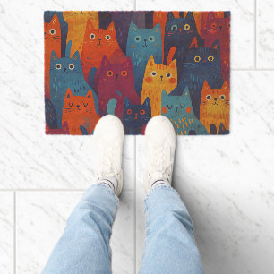 Colorful Cartoon Cat Pattern Cute Whimsical Cat Fiber Doormat
