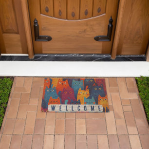 Colorful Cartoon Cat Pattern Cute Whimsical Cat Fiber Doormat
