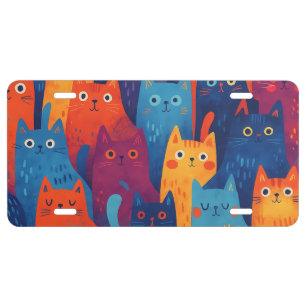 Colorful Cartoon Cat Pattern   Cute Whimsical Cat  License Plate