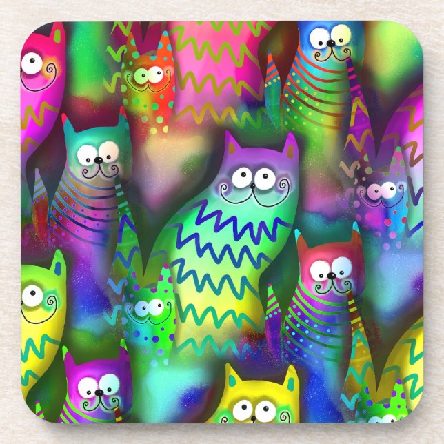 Colorful Cartoon Cats Beverage Coaster (Front)