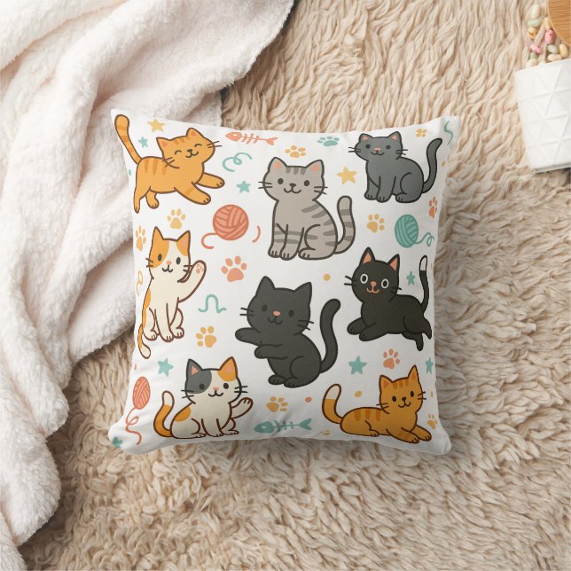 Colorful Cartoon Cats Pillow – Playful Pattern  (Blanket)