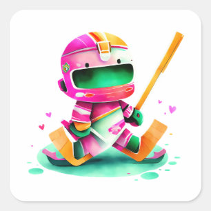 Colorful Cartoon Character Skating with Hockey Square Sticker
