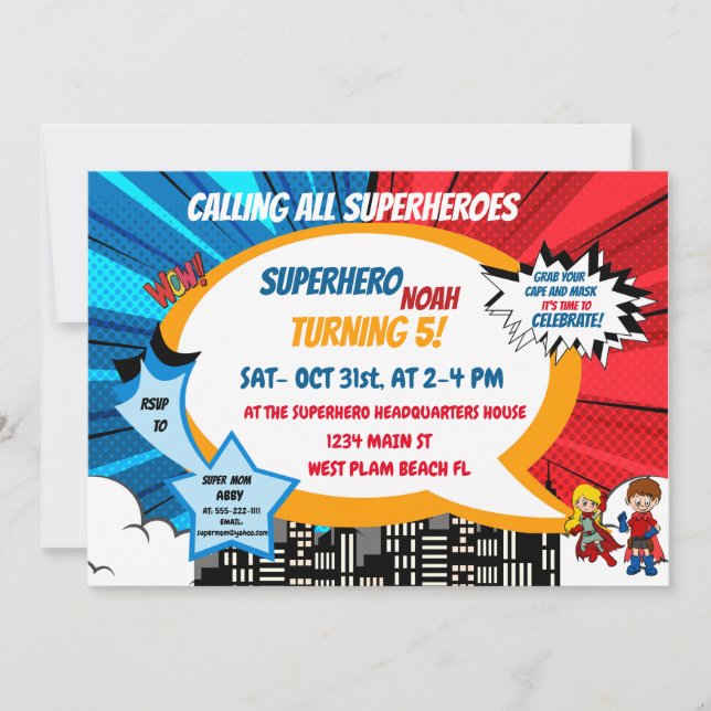 Colorful Cartoon Comic Superhero Halloween  Invitation (Front)