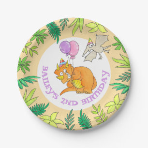 Colorful Cartoon Dinosaur Birthday Triceratops Paper Plates