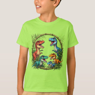 Colorful Cartoon Dinosaurs In Bamboo Frame T-Shirt