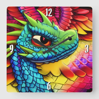 Colorful Cartoon Dragon Profile Square Wall Clock