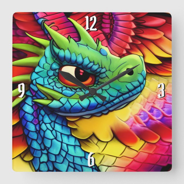 Colorful Cartoon Dragon Profile Square Wall Clock (Front)