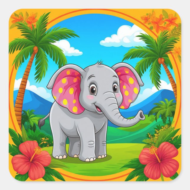 Colorful Cartoon Elephant in Tropical Landscape Square Sticker (Front)