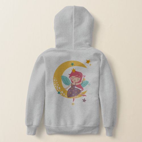 Colorful cartoon fairy sitting on a crescent moon hoodie