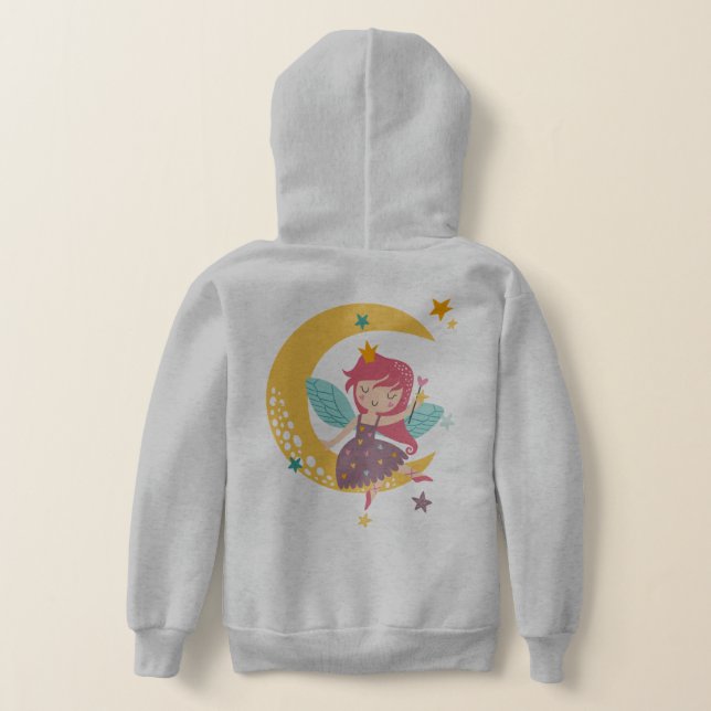 Colorful cartoon fairy sitting on a crescent moon hoodie (Laydown Back)
