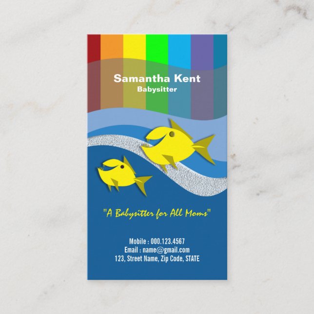 Colorful Cartoon Fish Rainbow Nanny Business Card (Front)