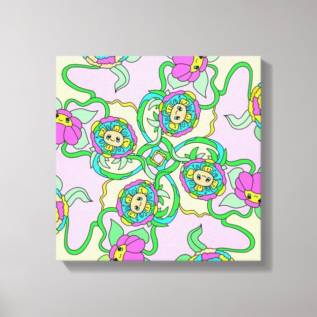 Colorful cartoon flowers original art canvas print (Front)