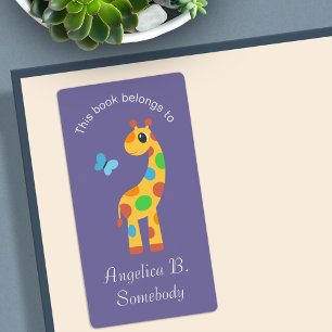 Colorful Cartoon Giraffe and Butterfly Bookplate