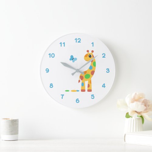 Colorful Cartoon Giraffe and Butterfly Large Clock
