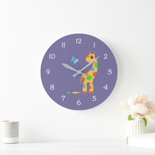 Colorful Cartoon Giraffe and Butterfly Large Clock