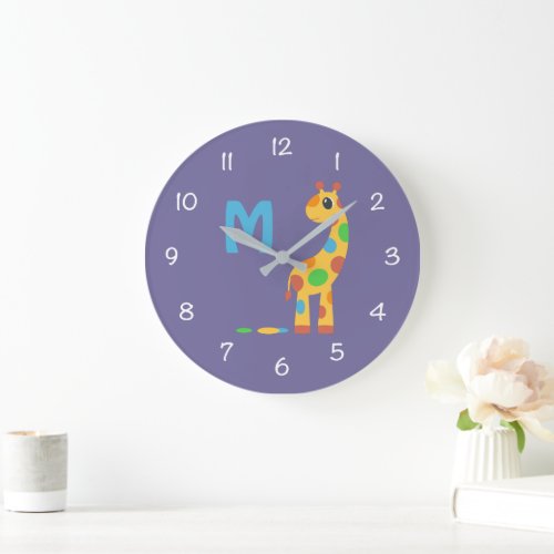 Colorful Cartoon Giraffe and Butterfly Monogram Large Clock