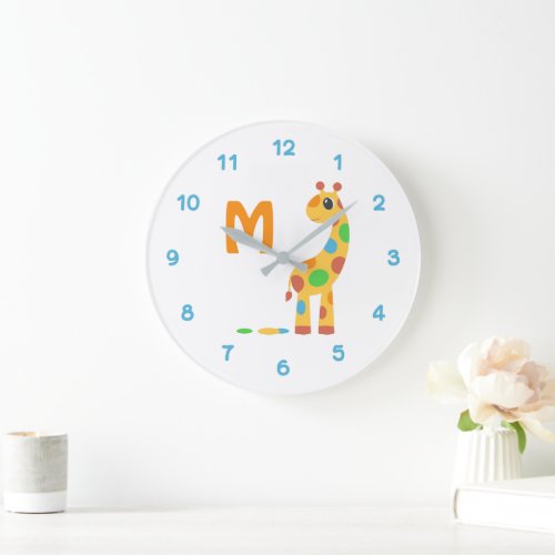 Colorful Cartoon Giraffe and Butterfly Monogram Large Clock