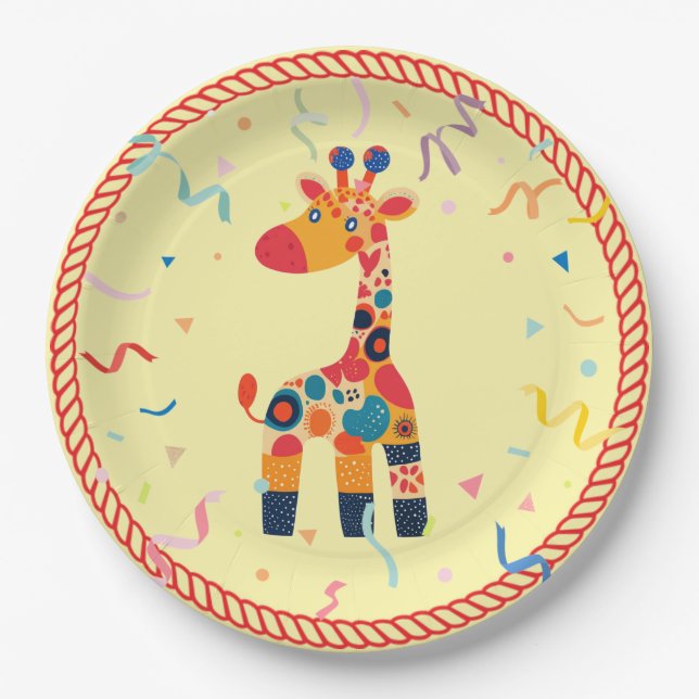 Colorful Cartoon Giraffe with Confetti Paper Plates (Front)