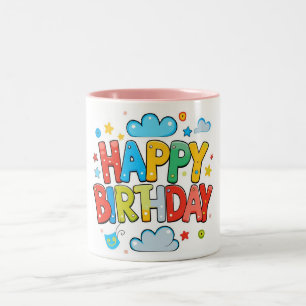 "Colorful Cartoon Happy Birthday with Clouds & Sta Two-Tone Coffee Mug