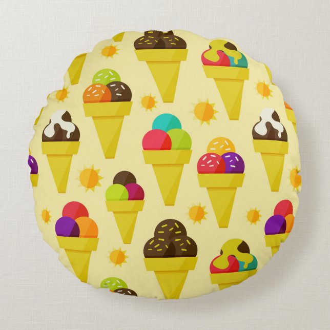 Colorful Cartoon Ice Cream Cones Round Pillow (Front)