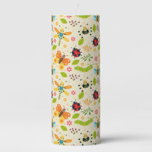 Colorful Cartoon Insects With Flowers and Leaves Pillar Candle