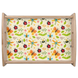 Colorful Cartoon Insects With Flowers and Leaves Serving Tray