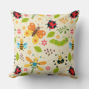 Colorful Cartoon Insects With Flowers and Leaves Throw Pillow