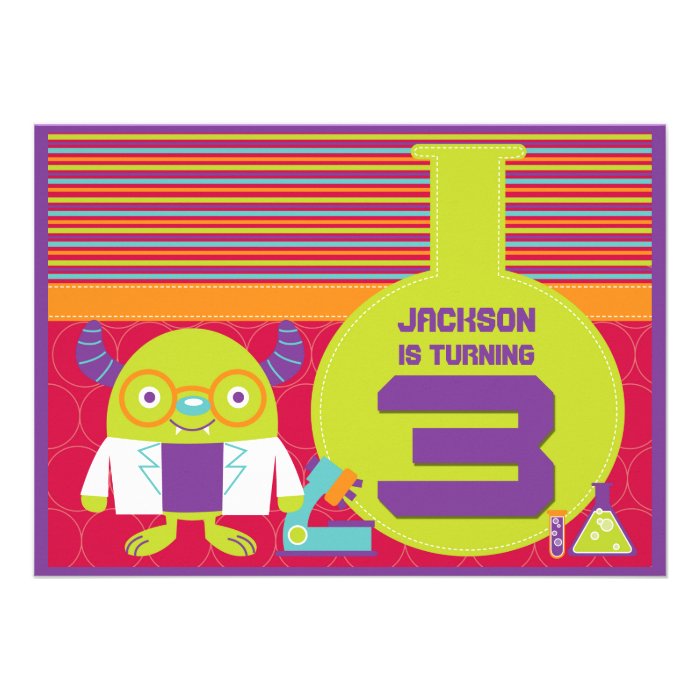 Colorful Cartoon Mad Scientist 3rd Birthday Party Personalized Announcements