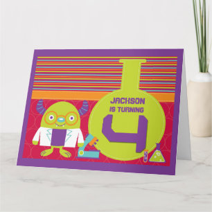 Colorful Cartoon Mad Scientist 4th Birthday Card