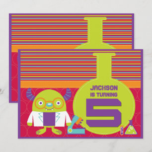 Colorful Cartoon Mad Scientist 5th Birthday Party Invitation
