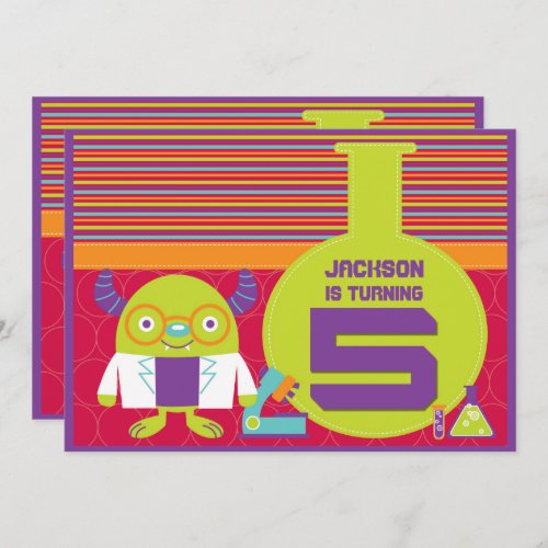 Colorful Cartoon Mad Scientist 5th Birthday Party Invitation