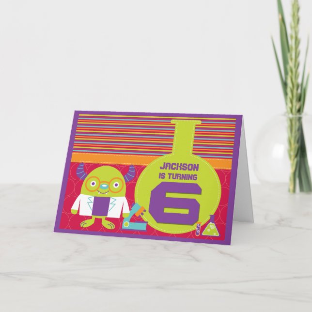 Colorful Cartoon Mad Scientist 6th Birthday Card (Front)