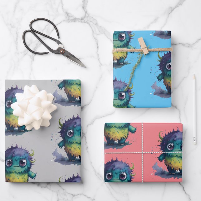 Colorful Cartoon Monster Design Wrapping Paper Sheets (Front)
