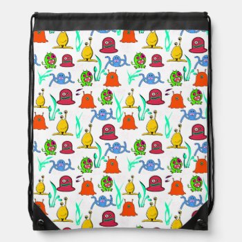 Colorful Cartoon Monsters Drawstring Backpack by Hannahscloset at Zazzle