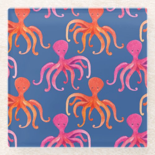 Colorful Cartoon Octopus Watercolor Pattern Glass Coaster