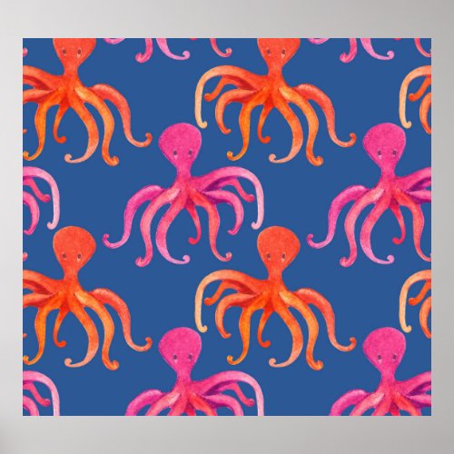 Colorful Cartoon Octopus Watercolor Pattern Poster