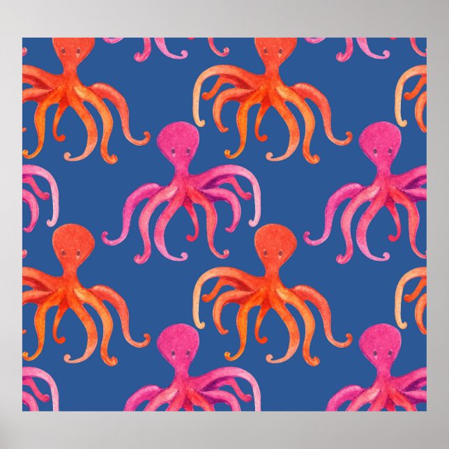 Colorful Cartoon Octopus Watercolor Pattern Poster (Front)