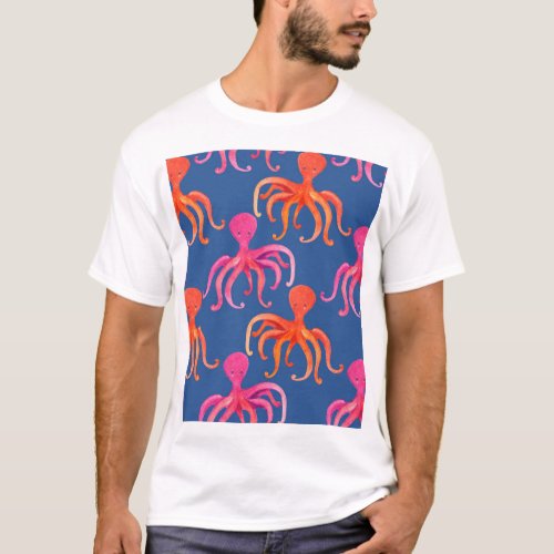 Colorful Cartoon Octopus Watercolor Pattern T_Shirt