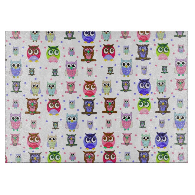 Colorful Cartoon Owls Glass Cutting Board (Front)