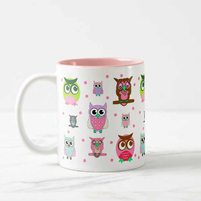 Colorful Cartoon Owls Mug (Left)