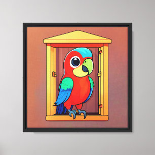 Colorful Cartoon Parrot in Birdhouse Canvas Print