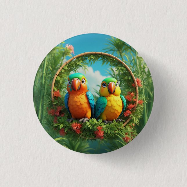Colorful Cartoon Parrots Button (Front)