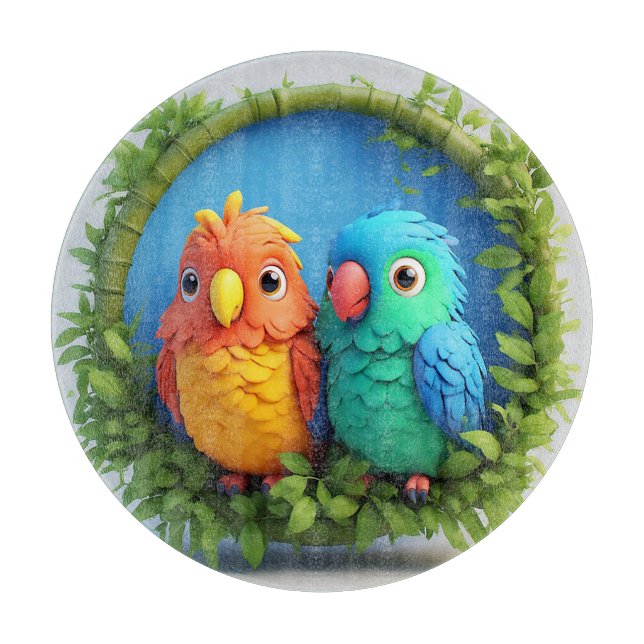 Colorful Cartoon Parrots Cutting Board (Front)