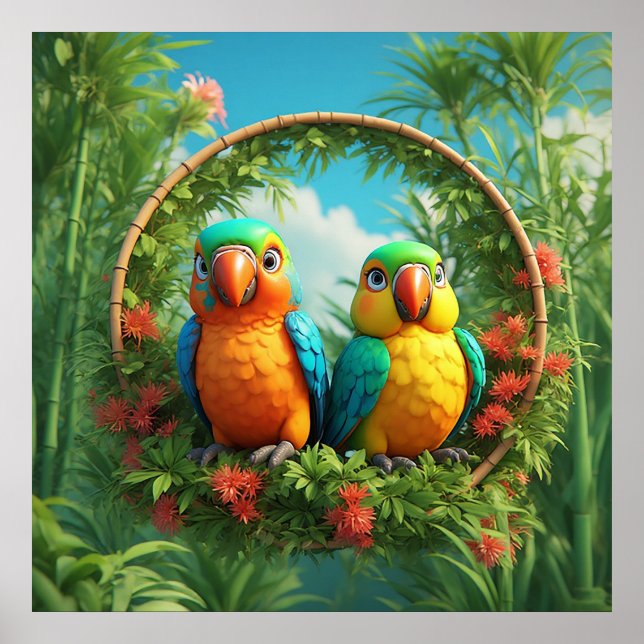 Colorful Cartoon Parrots Poster (Front)