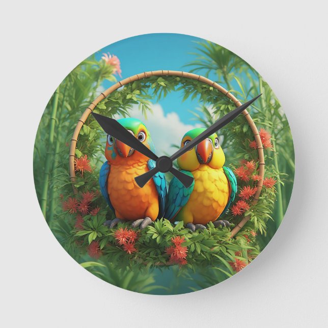 Colorful Cartoon Parrots Round Clock (Front)