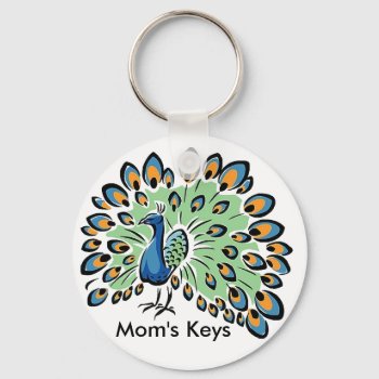 Colorful Cartoon Peacock Keychain by FaerieRita at Zazzle