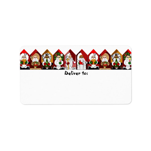 Colorful Cartoon Santas Christmas Address Labels (Front)