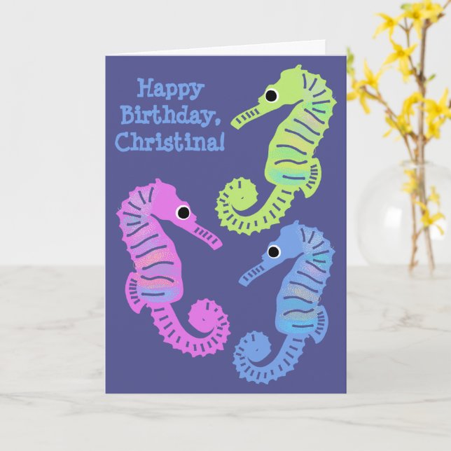 Colorful Cartoon Seahorses Fish Birthday Card (Yellow Flower)