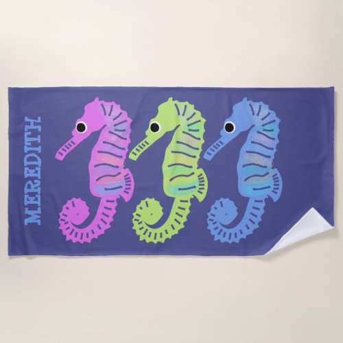 Colorful Cartoon Seashorses Fish Personalized Beach Towel