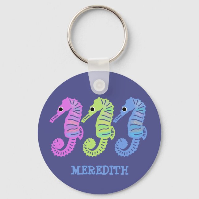 Colorful Cartoon Seashorses Fish Personalized Keychain (Front)